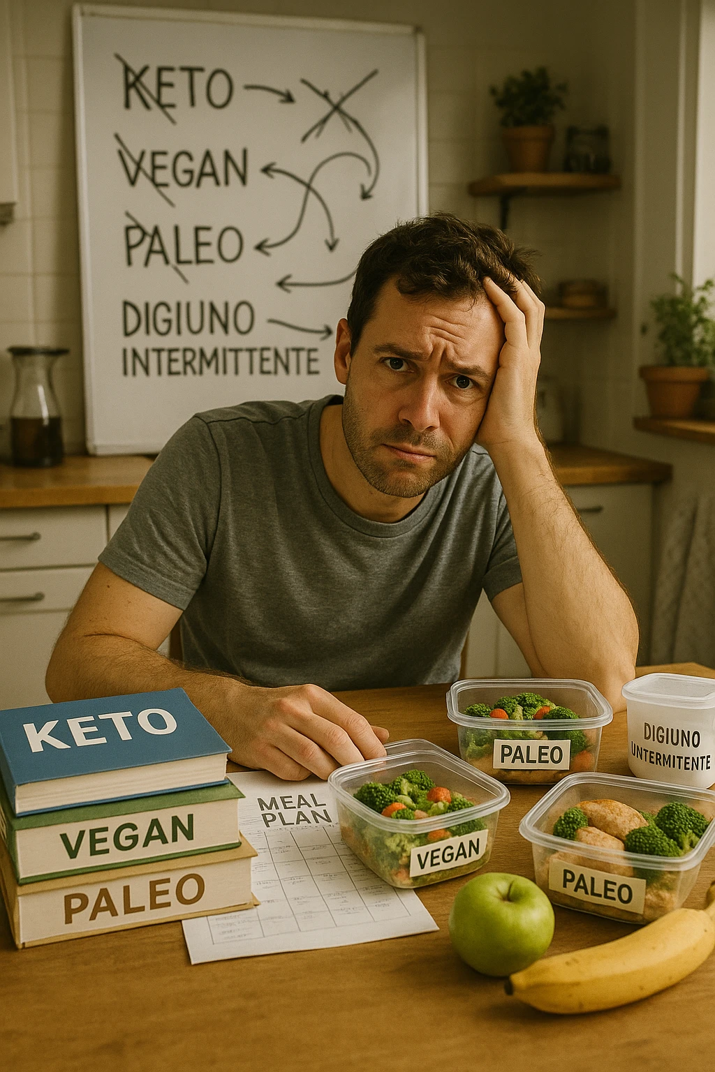 Confused man in his 30s sitting at a kitchen table cluttered with various diet books, meal plans, and food containers labeled keto, vegan, paleo, DIGIUNO INTERMITTENTE. He holds his head with one hand, looking overwhelmed and frustrated. The background shows a whiteboard full of crossed-out diet names and arrows going in circles. Expression: mental fatigue, indecision, information overload. Soft lighting, slight mess to emphasize his struggle. emoji