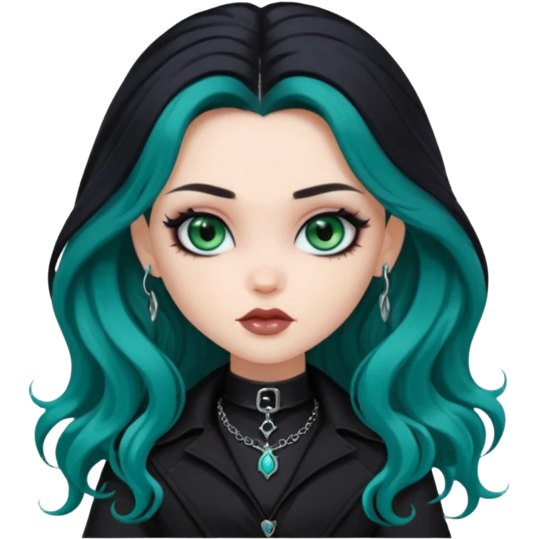 goth bratz baddie, beautiful blue-green eyes, long wavy hair, black gothic hair styled, black goth clothes emoji