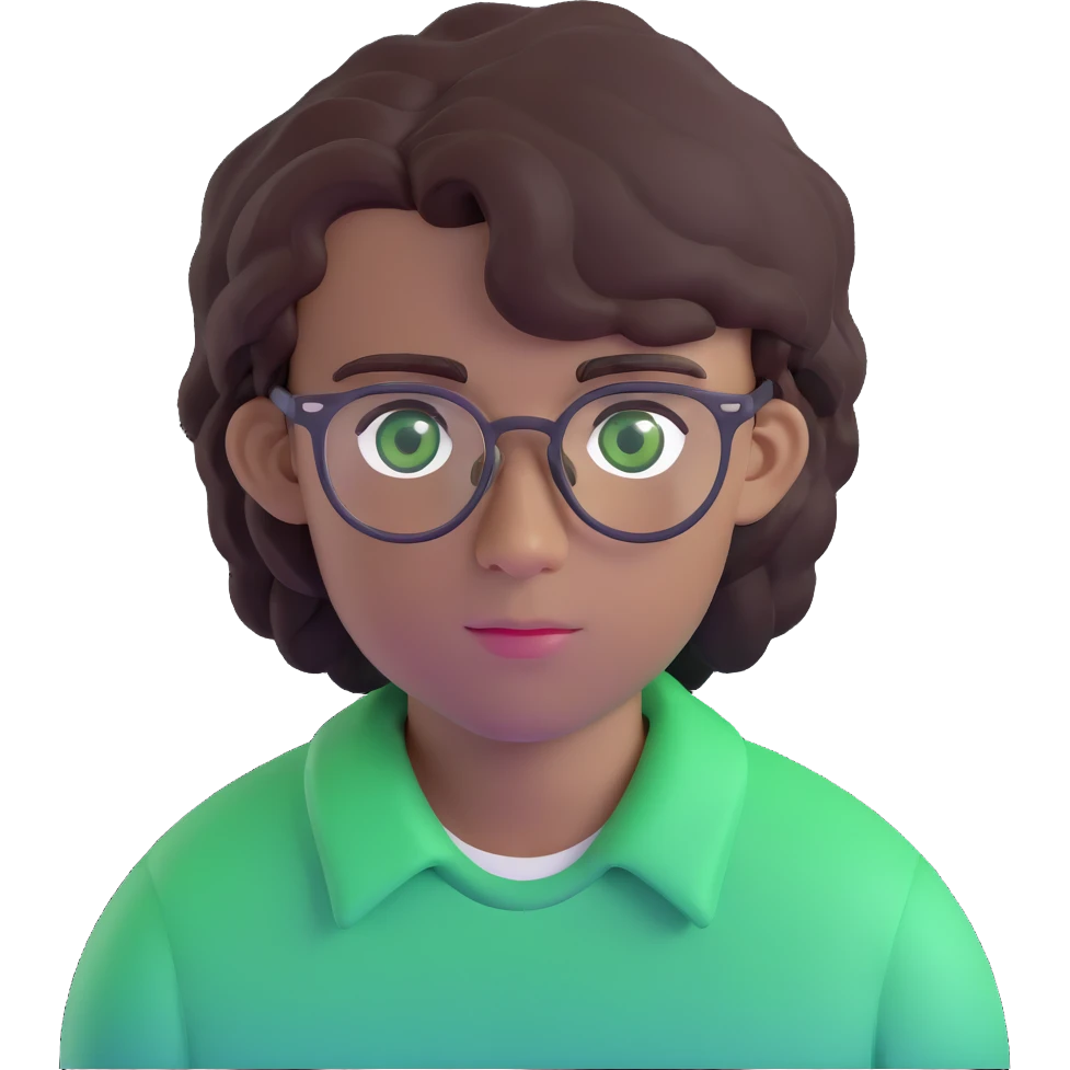 young man with dark slightly curled hair wearing glasses with green eyes emoji