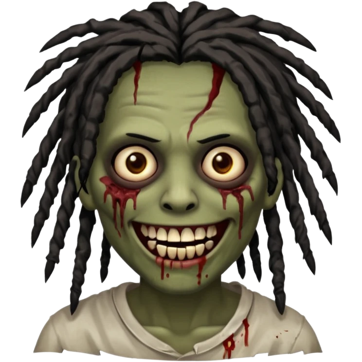 zombie with brown skin, messy black dreads hair, wide centered brown eyes, dark bloody marks under the eyes, and a smile showing grillz, giving a distressed, undead look. emoji