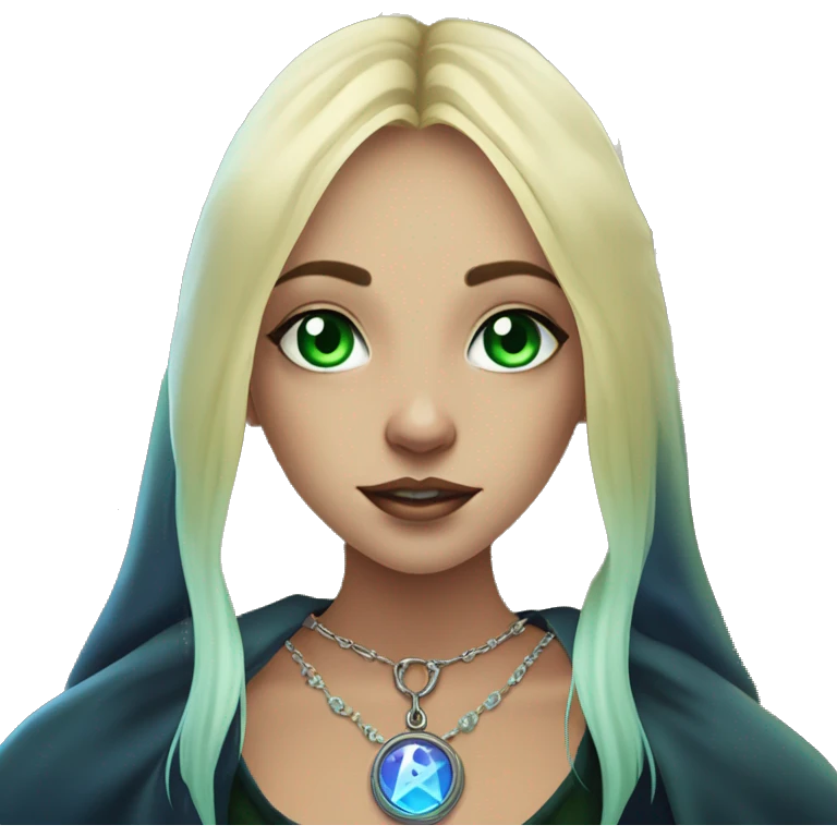 blonde witch girl with green eyes and straight hair with a birthmark above her upper lip wearing a necklace in a form of pentacle with a small blue stone inside doing tarot spread  emoji