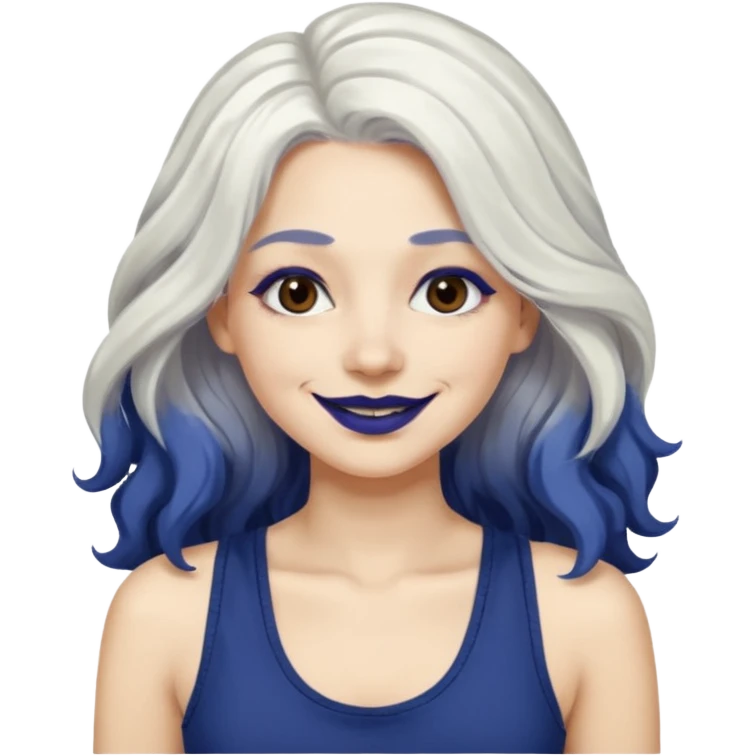 woman with wavy long white hair and brown eyes with dark blue lipstick smiling in a grunge tanktop emoji