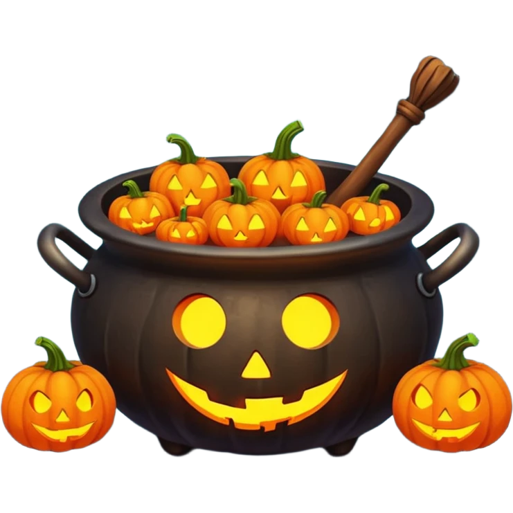 Cauldron with small pumpkins and moon  emoji