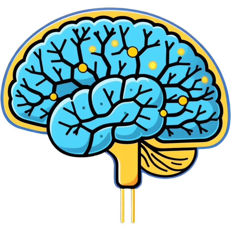 Cute sticker of a pearly blue capsule floating before a stylized brain with golden sparks forming a neural network pattern. A small liver icon glows nearby, all within a gentle swirling aura representing mental clarity and body connection emoji