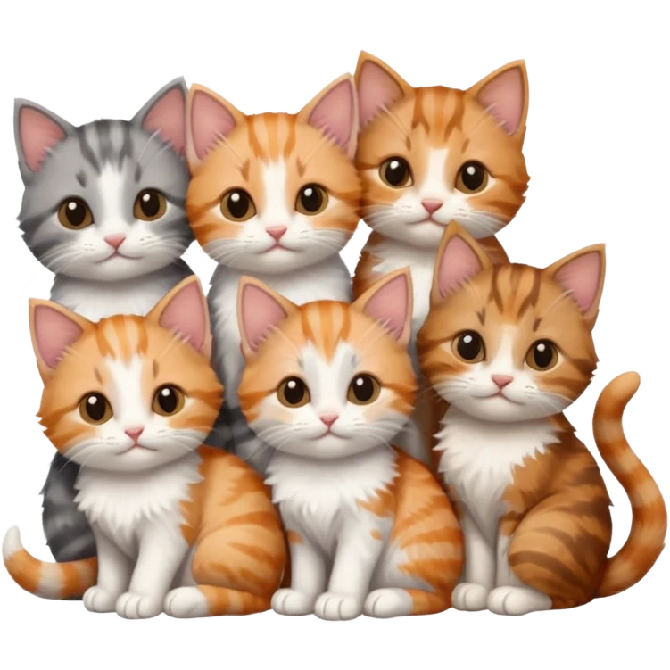 6 tiny kittens cuddling together all various different natural colours including grey and white, ginger and white, calico, grey, and brown tabby and white emoji