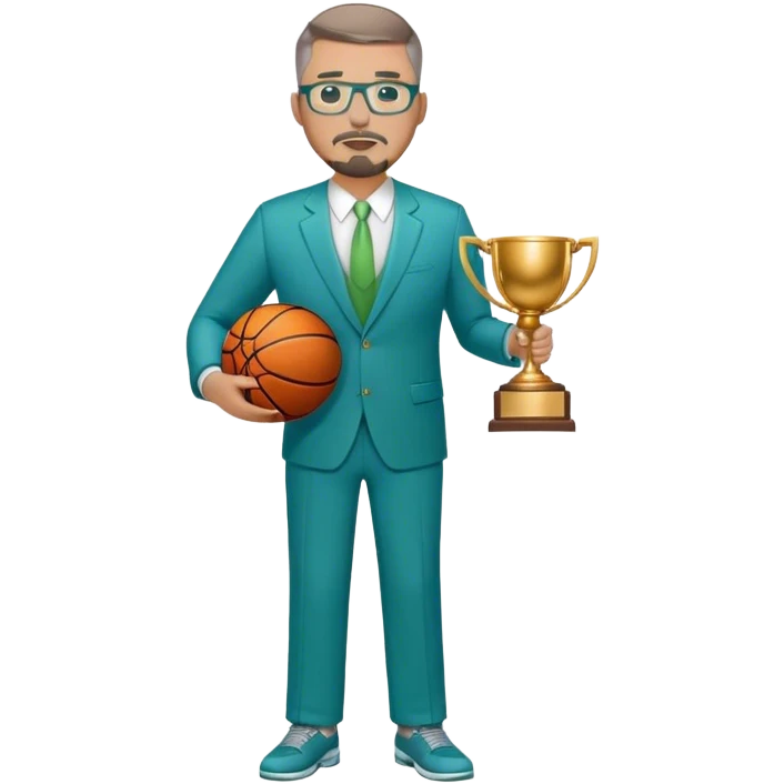 Full Body white plus size man  wearing glasses with a goatee with light brown and gray short hair basketball head Coach in blue and green suit holding trophy emoji