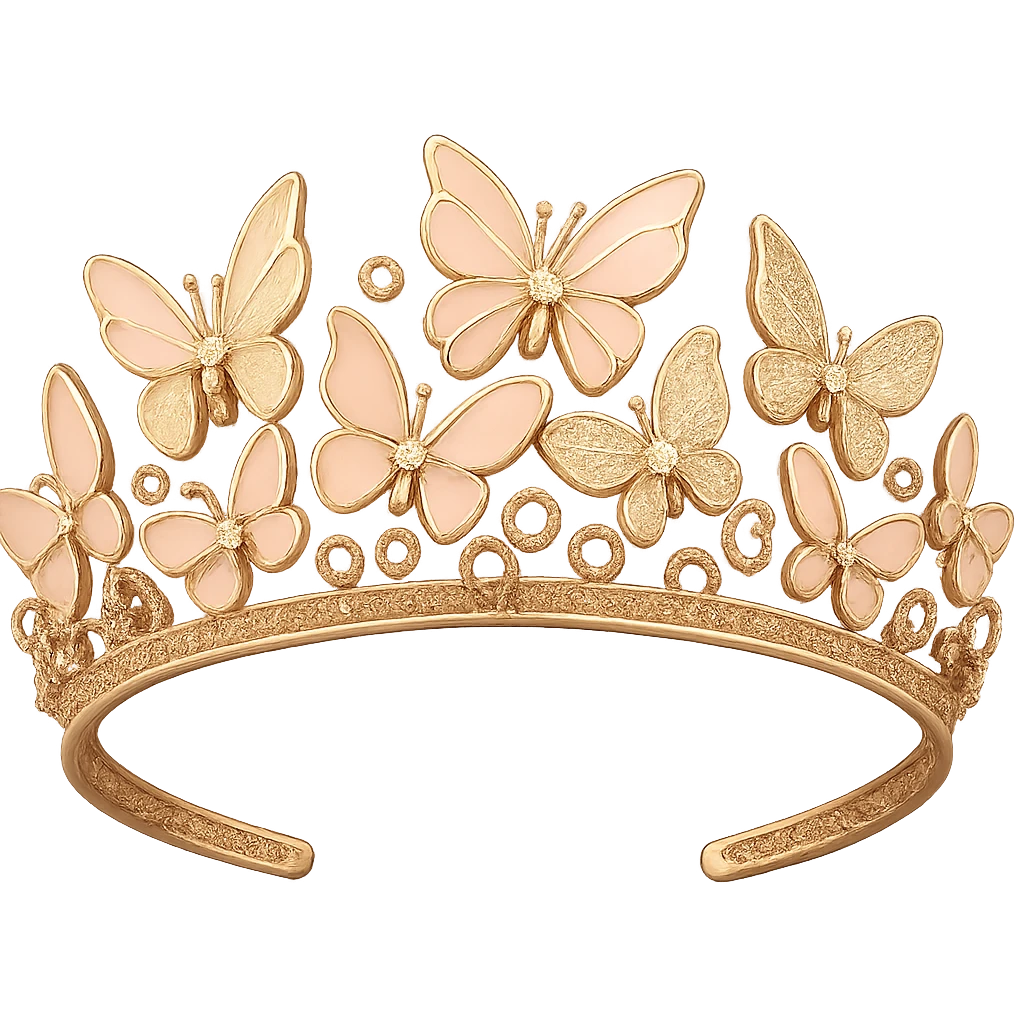 butterfly crown with a rose gold base, butterflies in blush and gold enamel, sparkling gems, transparent background emoji
