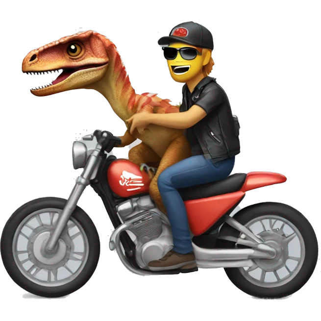 Velociraptor riding a motorcycle with Mr Beast stickers on it but the velociraptor is adorable emoji