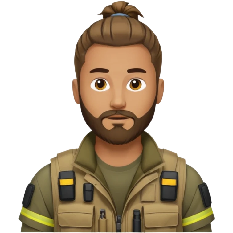 man with man bun hairstyle, beard, tactical vest, no glasses emoji