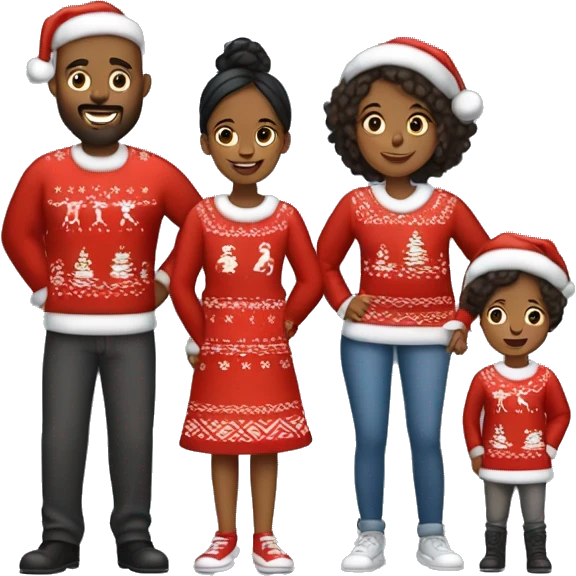 A Black family of four  members with Dad, Mom, Son, and Daughter. The son stands next to Mother. The Daughter stands next to Father. All family members are wearing Christmas sweaters and Santa hats.  emoji