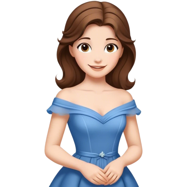 Cinematic Radiant Belle Portrait Emoji, rendered in a realistic, vector style with clean proportions. Show Belle with a warm, welcoming smile, delicate fair skin, and elegantly styled brown hair, wearing her timeless blue dress. The image radiates a soft, enchanting glow, high shine, and is enhanced by a soft glowing outline that accentuates her gentle charm. emoji