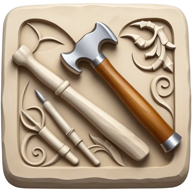 Carving icon, stone, bone, and horn being carved with chisels, fine detailed patterns visible, carving tools like hammer and chisel, minimalistic style, clean lines, transparent background. emoji