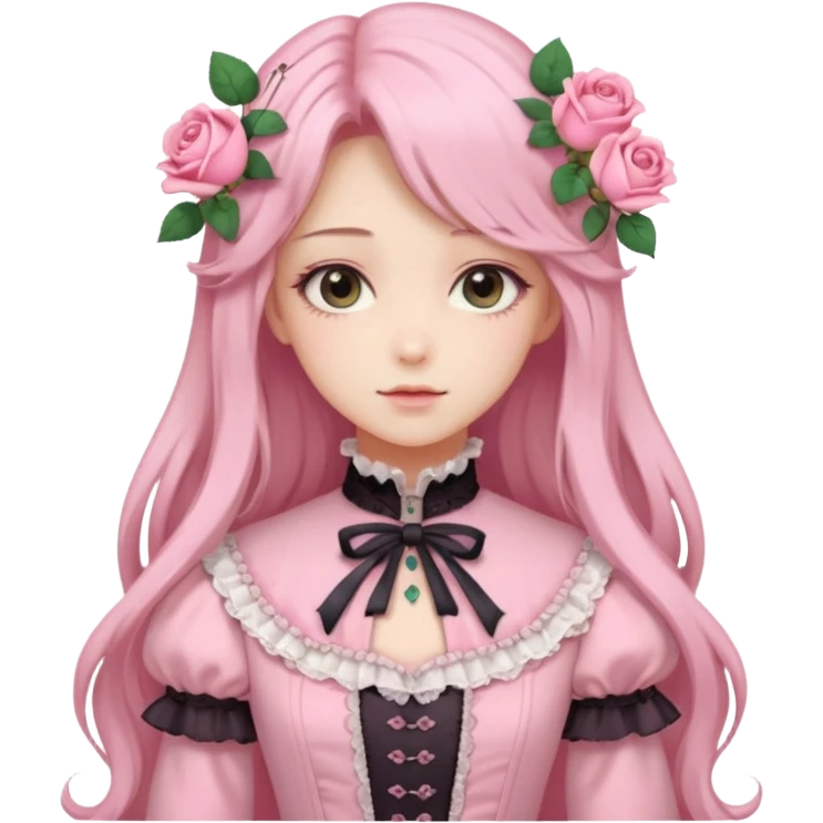 Gorgeous pastel anime lady with long hair and pink victorian style clothes and roses emoji