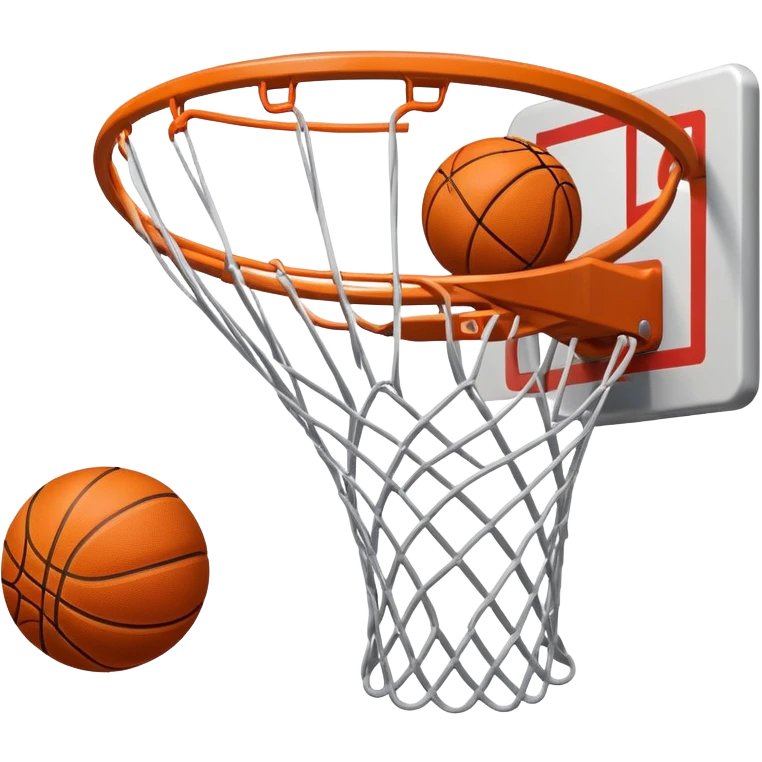 A close-up of a basketball shield and hoop with the ball swishing through the net, captured mid-air. The background emphasizes the tension and excitement of the moment, with the rim and net in sharp focus, showcasing the precision and skill of the sport. emoji