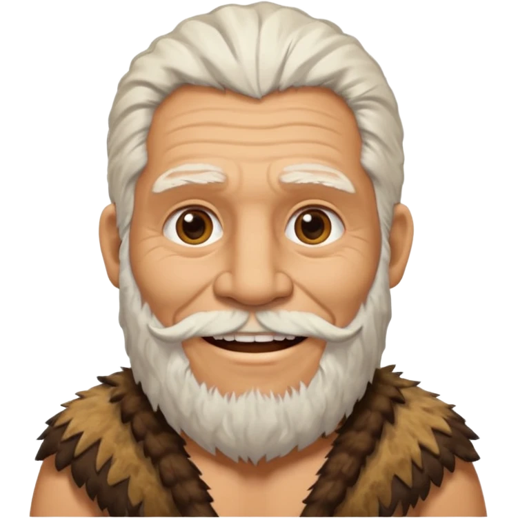 smiling old Neanderthal with white hair, beard, and animal skin clothing emoji style emoji