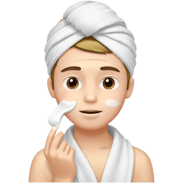 boy with towel headband putting cream on face, morning vibe emoji
