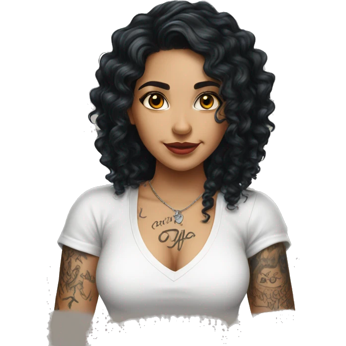 Pretty Latina girl with long black curly hair in white shirt and arm tattoos emoji