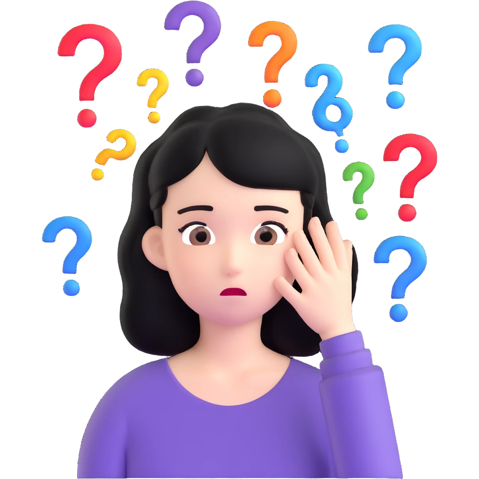 black-haired girl with a confused face and question marks around her emoji