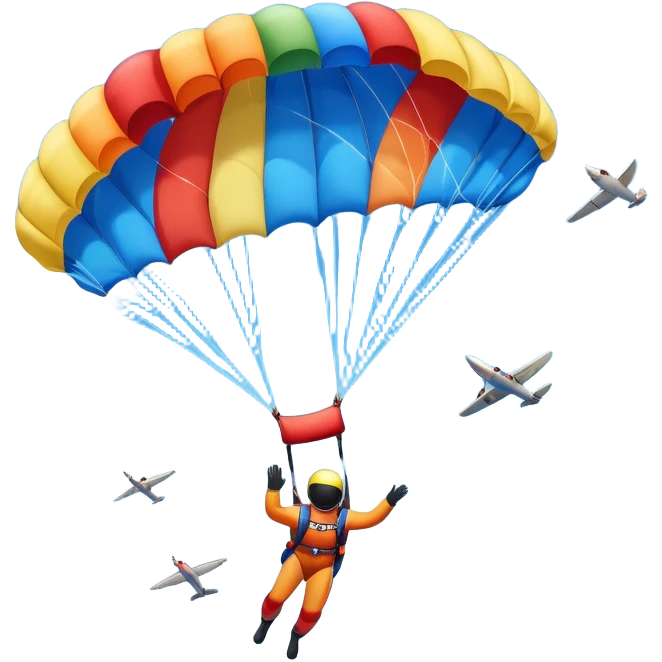 Colorful emoji. A skydiver free-falling through the sky, with a brightly colored parachute open above them. The background features a vast blue sky dotted with fluffy clouds, birds soaring nearby, and a plane flying off in the distance, emphasizing the thrill and freedom of the sport. emoji