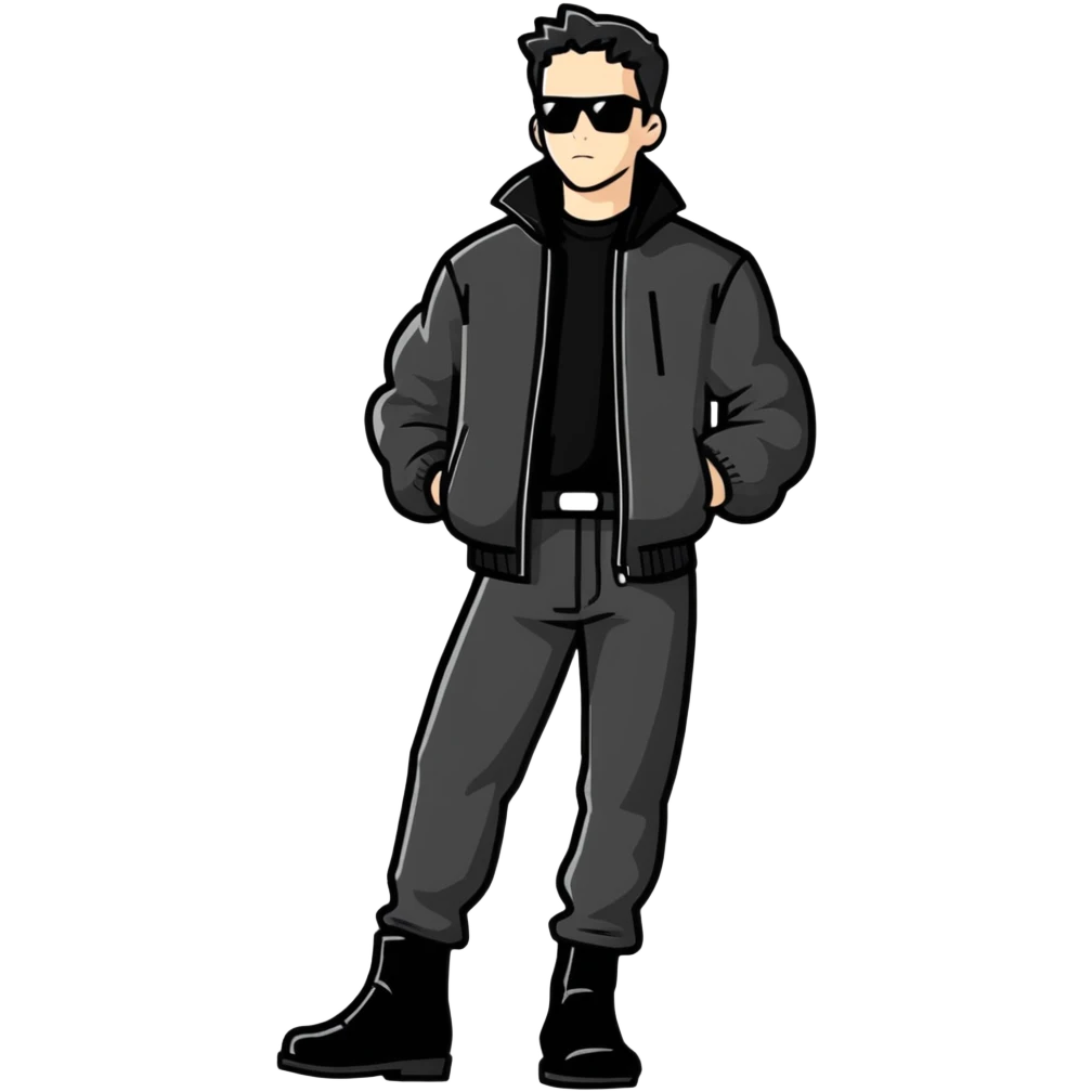 Full body standing male figure wearing black jacket, black pants, and black boots emoji