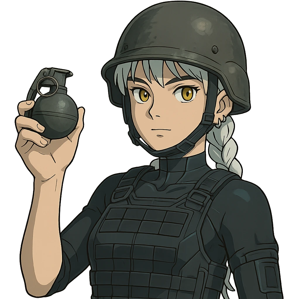  a closeup portrait of young woman with gold yellow eyes, white hair, long braid, black off-shoulder top d-cup, punk gothic style, futuristic cyberwave cyberpunk,  she has a plate carrier armor vest , and a old-style steel bulletproof combat helmet. holding up a m67 hand grenade  emoji