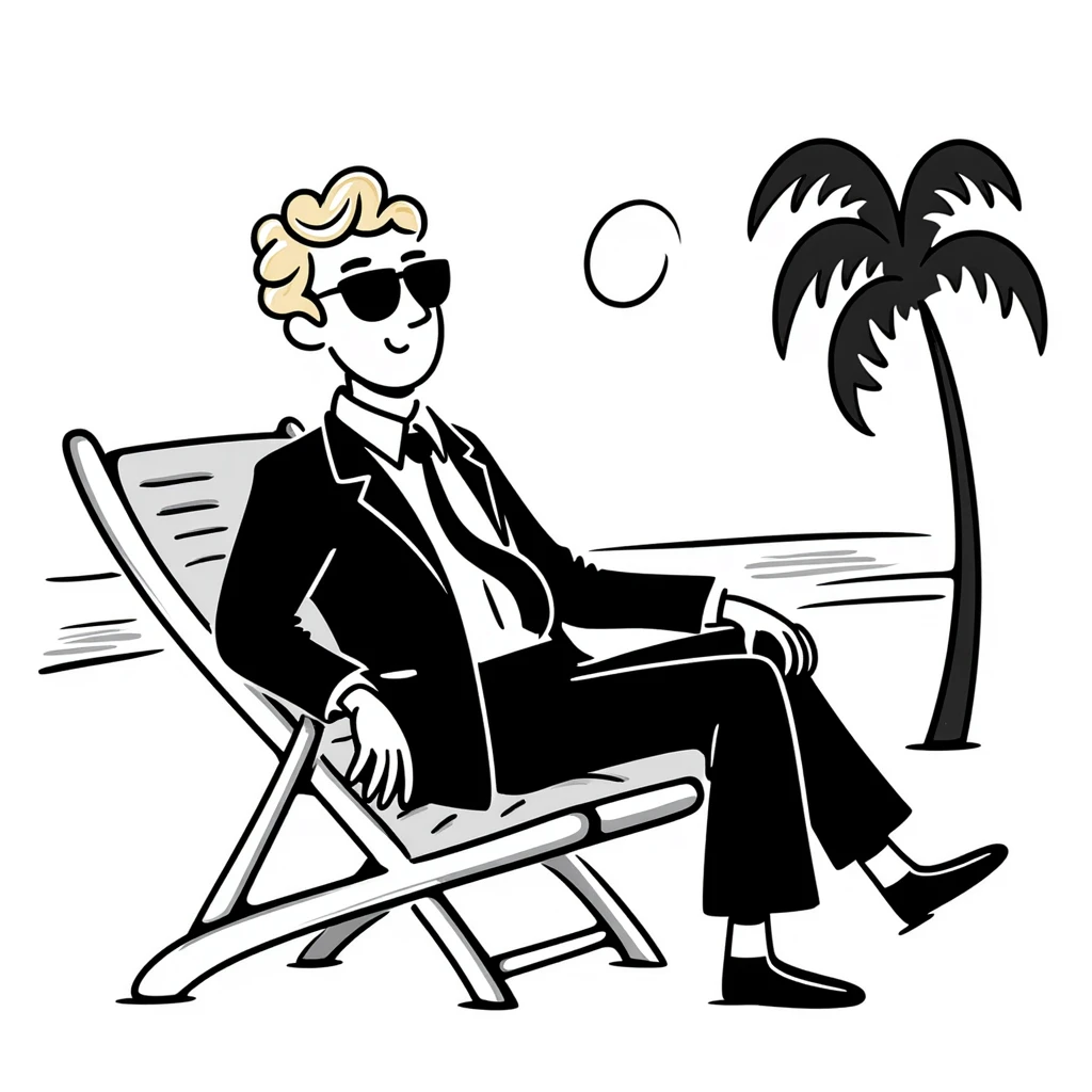 blonde businessman in formal suit sitting in a beach chair on a tropical vacation, relaxing emoji
