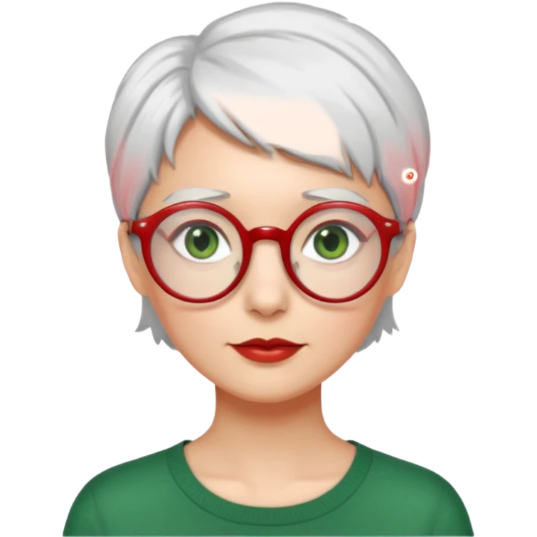 visage femme a lunettes ronde rouge fine avec cheveux courts gris-blancs aux yeux verts emoji