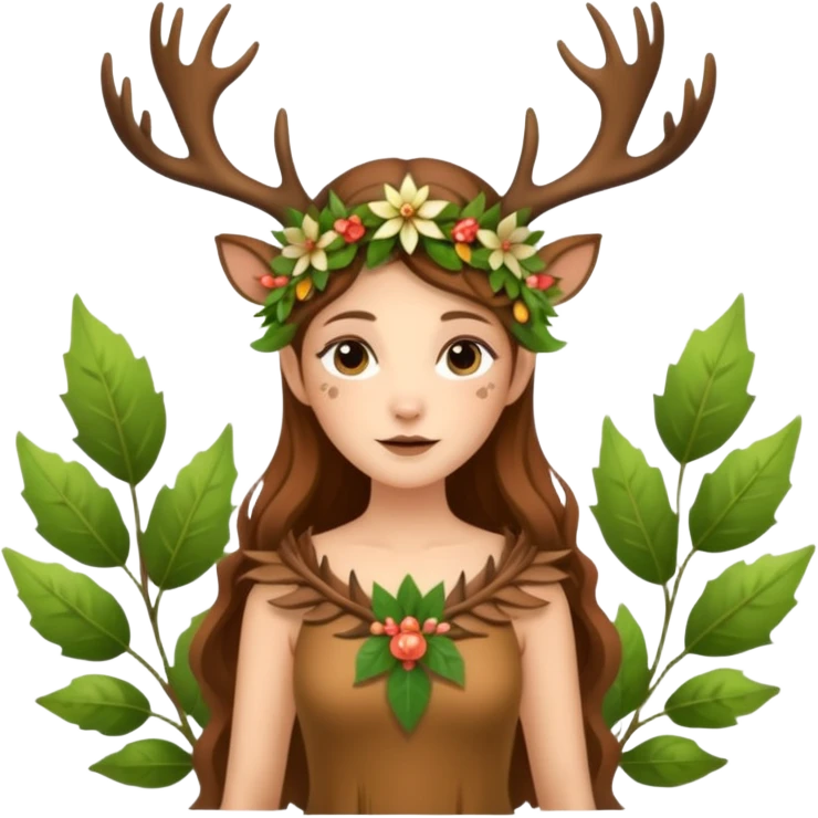 forest fairy woman dressed as deer spirit, antler crown and leaf dress, standing in flowers emoji