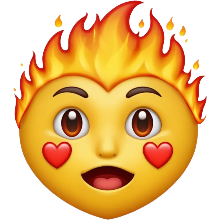 الايموجي الأصفر على شكلوش عيونه مدمعه و وراه نار و على فمه قلب احمر  emoji