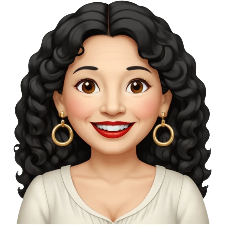 60 yr old peruvian woman, slightly chubby, wavy/curly long black hair, red lipstick, big smile, white teeth, brown eyes, hoop earings, side part to hair, round face, pretty white dress, hair side swept, big hoop earing emoji