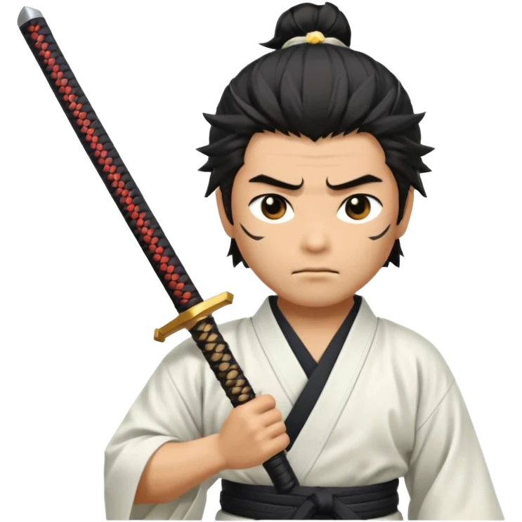 japanese samurai holding samurai sword he is wearing white kimono he has muscles and black messy hair  emoji
