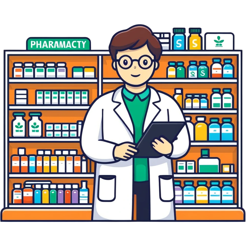 pharmacy shelves, pharmacist, sign emoji