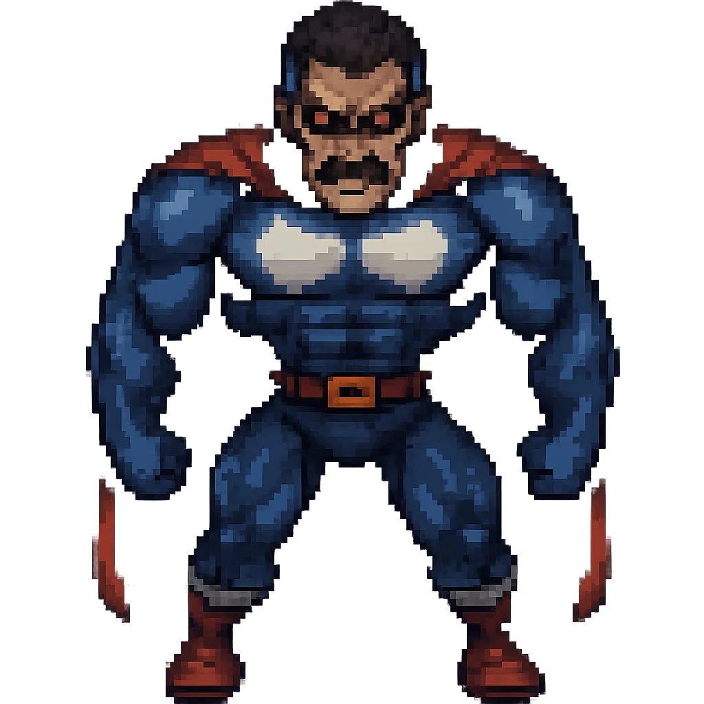 Make Omni-Man look more menacing in pixel art style, add intense eyes and darker shading, no background. Keep the pixel art style with pixelated details emphasizing menacing expression and shading. emoji