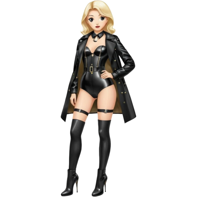 Create an female emoji with stockings and garter belt wearing a shiny wetlook coat and shiny high heel boot that go below the knee emoji