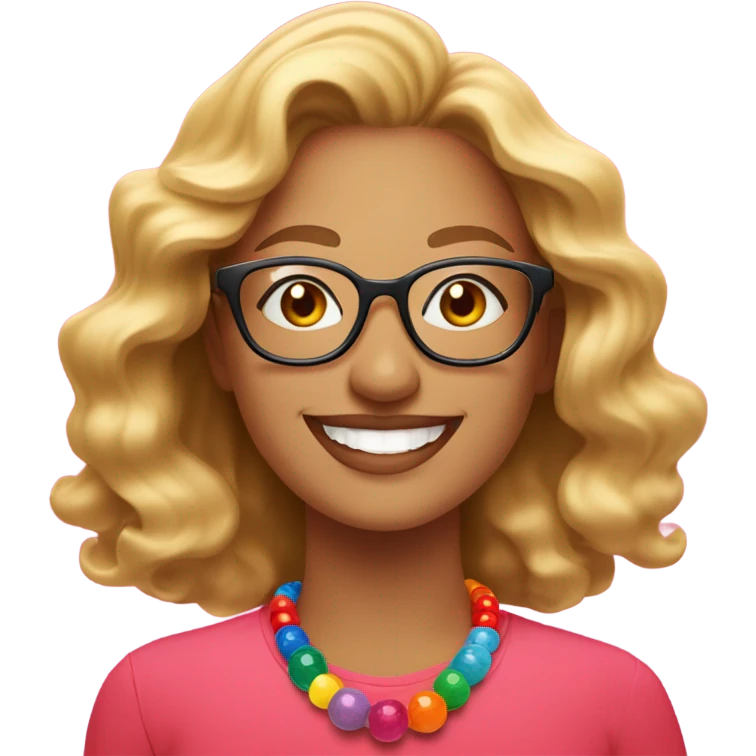 The moon  cheerful woman with wavy blonde hair and glasses, wearing a pink shirt and colorful beaded necklace, smiling brightly against a vibrant red background." emoji
