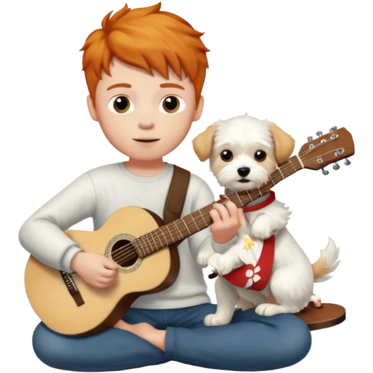ginger boy with a white Maltese dog playing the guitar emoji