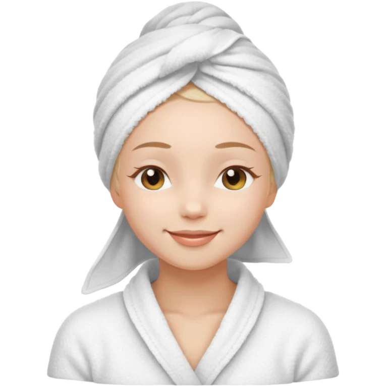 cute girl with her eyes closed and smiling, wearing a white spa towel as her clothes in she has a white spa towel on her head, white face skincare emoji
