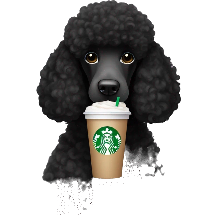 Black standard poodle holding a Starbucks drink emoji