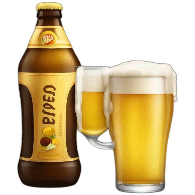 Garrafa de cerveja com copo e tira gosto emoji
