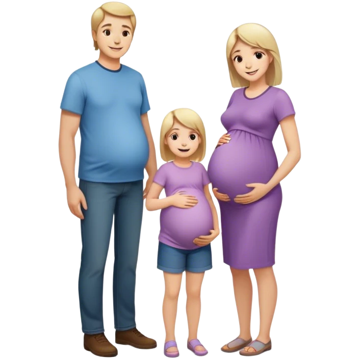 A family. The mother is pregnant and has long light hair. The dad is tall and has brown short hair. The child is 2 years old, it’s a girl and has short really light hair and is very similar to her parents. emoji