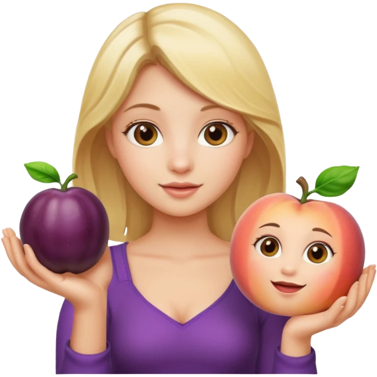Blonde girl, holding up peach in one hand, eggplant in the other emoji