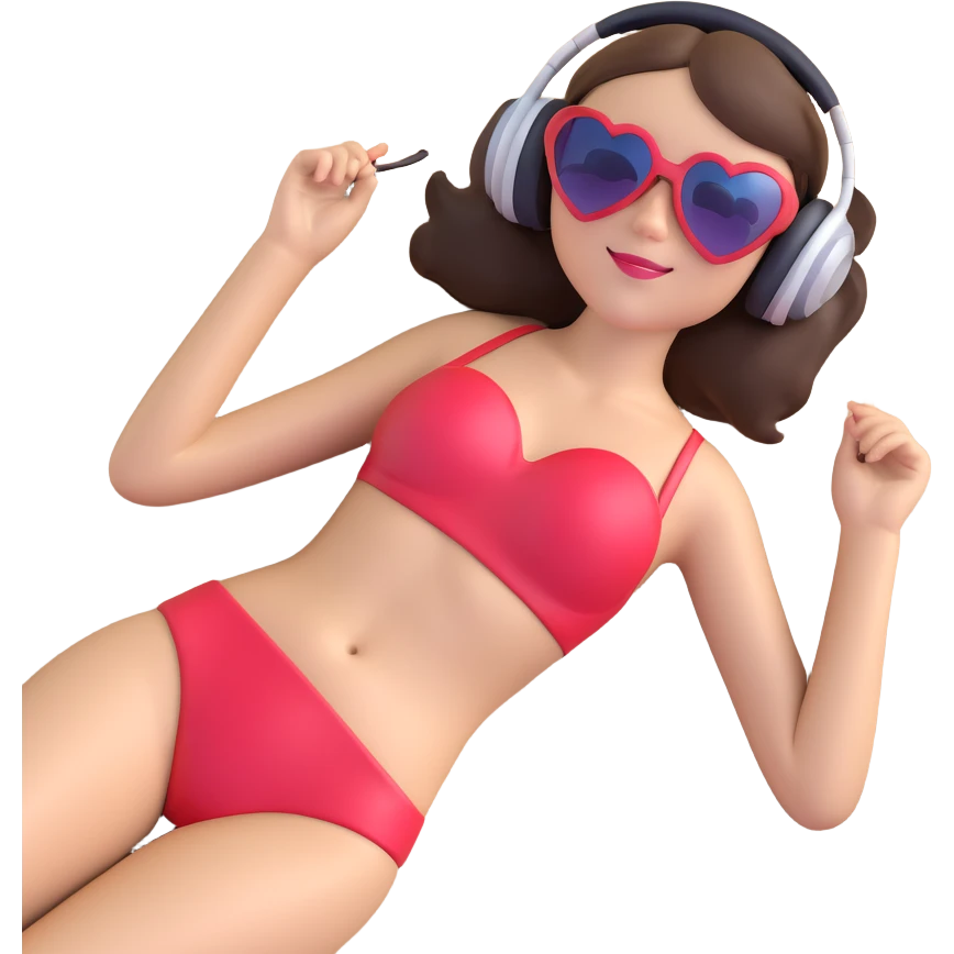 brunette girl lying on a sandy beach, wearing heart-shaped sunglasses and headphones, emoji style emoji