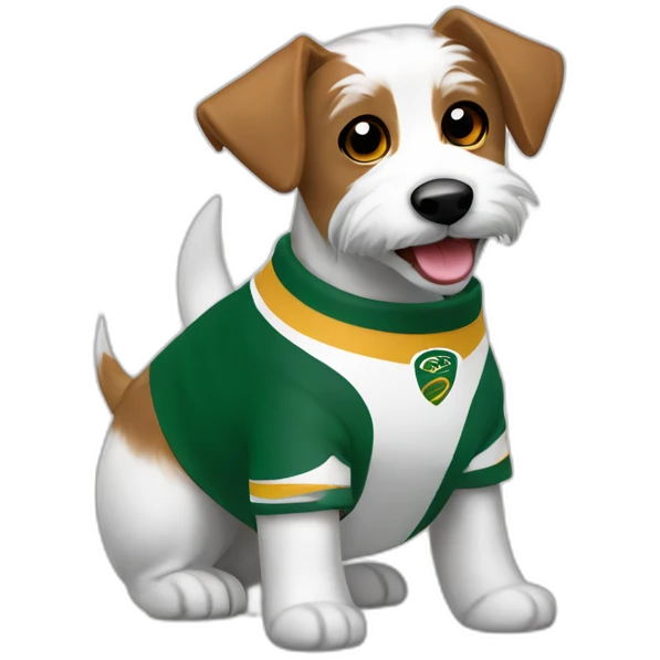 happy scruffy jack russel maltese dog with brown ears white face wearing springboks rugby shirt emoji