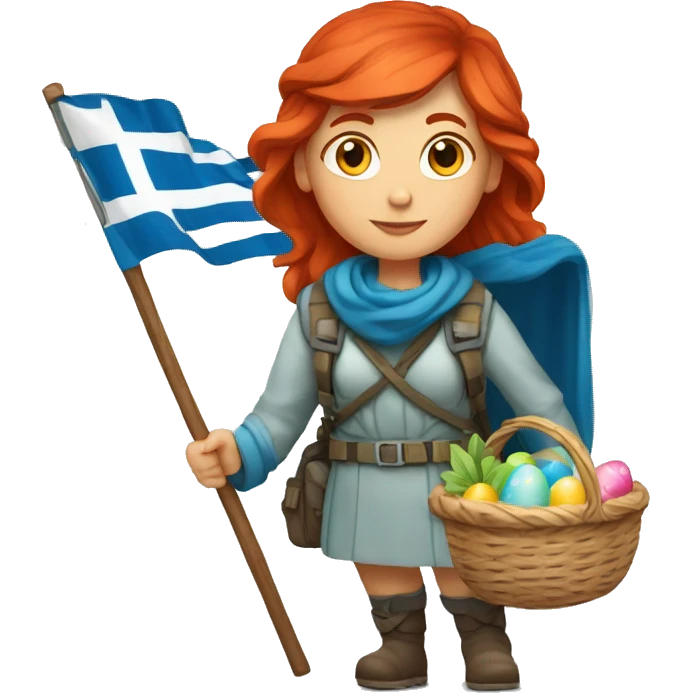 red hair female winter mountaineer with Greek flag and easter basket emoji