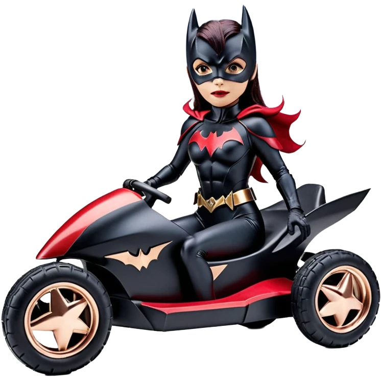 Hot full size real size-appearance electric racing action sexy BatWoman’s feminine midnight-colored tight outfit sixty’s tv show 1992 dark stealthy sporty safe plush petite off-road pursuit cruiser car rose gold accents (black hair,reclined and relaxed torso and shoulders seating position) go kart  emoji