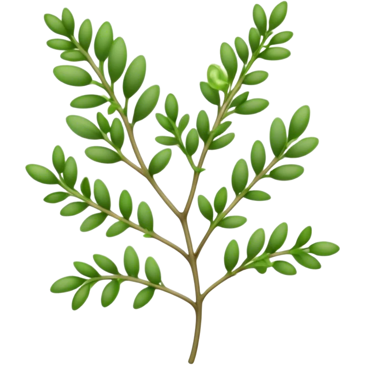 Cinematic Realistic Thyme Emoji, Compact and earthy, with tiny green leaves densely packed on delicate stems. The soft fragrance of the leaves fills the air, creating an atmosphere of warmth and subtle richness. Soft glowing outline, capturing the essence of simplicity and natural healing in a sprig of thyme! emoji