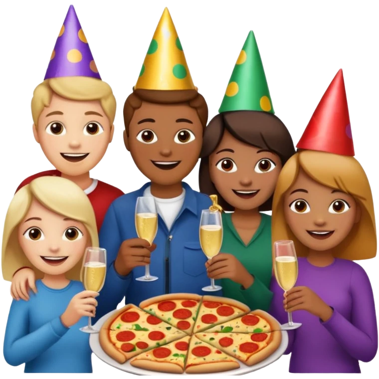 grupo de amigos y amigas comiendo pizza emoji