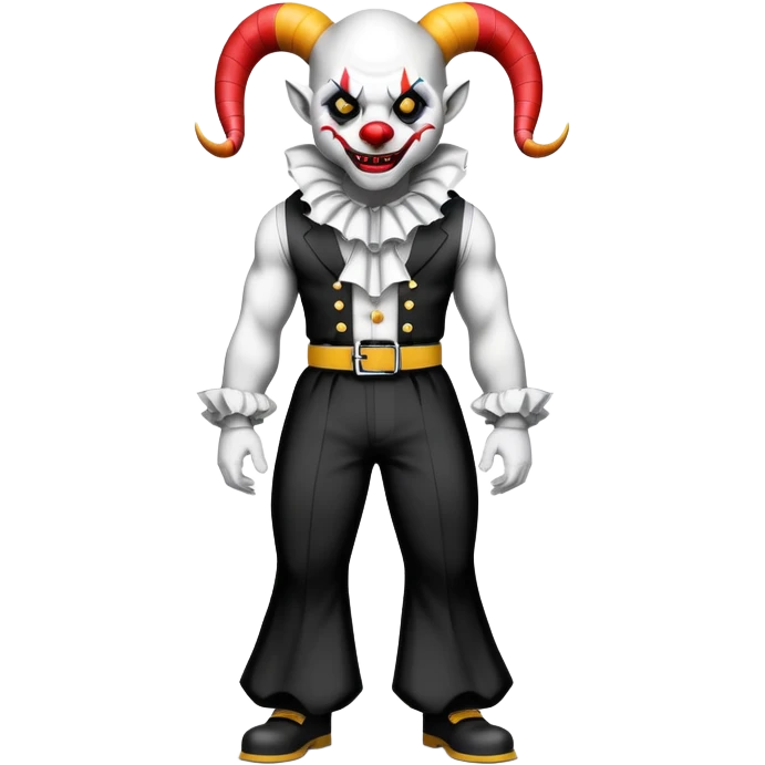 full-body muscular demonic clown in black and white leisure suit with bellbottom pants, bald, black ram horns, flashy black and white belt, ruffled white shirt, no neck tie, large fangs emoji