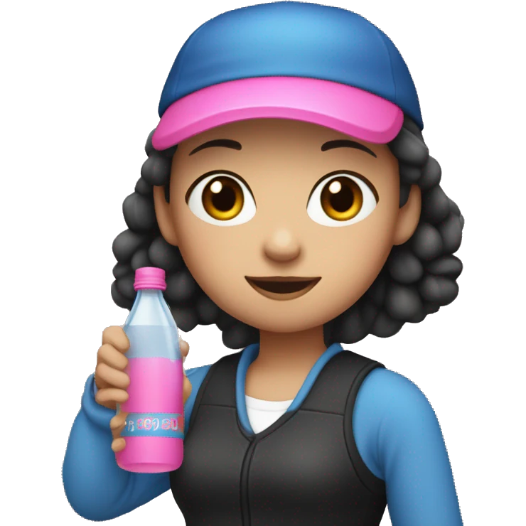 girl with fair skin, wearing a blue cap on her head, black blouse, holding a pink bottle in her right hand, with water inside emoji