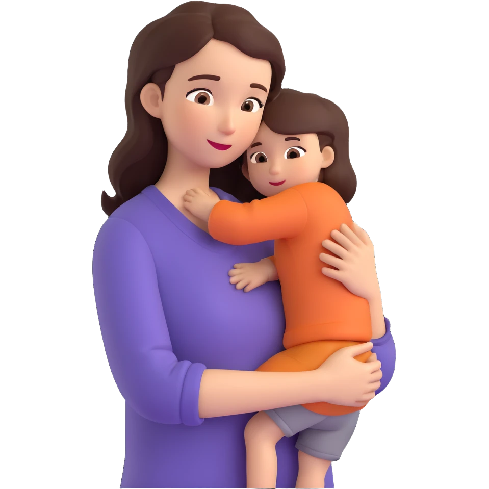 A warm and caring mother figure hugging her child, wearing casual clothes, indoors, cozy atmosphere emoji